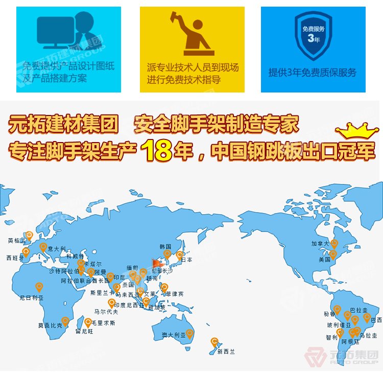 元拓建材集團(tuán)，安全腳手架制造專家！專注腳手架生產(chǎn)18年，中國(guó)鋼跳板出口冠軍！
